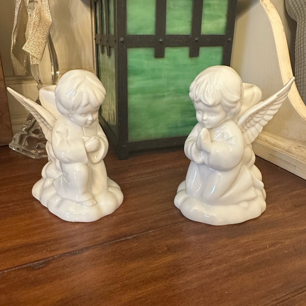 Angel candle holders 4 inches set of 2 white porcelain made in Taiwan preowned